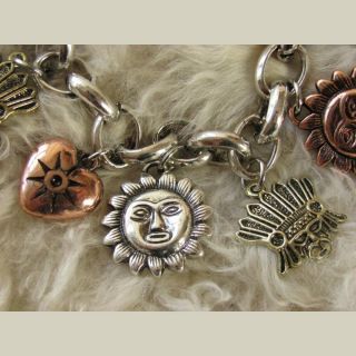 Mayan Aztec Indian Bracelet Folk Art Copper Gold Silver Tones Sun Mask 3