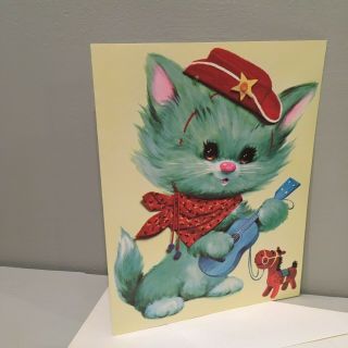 Vintage Big Eyes Aqua Cat Kitten Cowboy Guitar Birthday Card Nursery Art Print