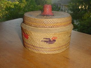 Old Makah Indian Basket With Red Knob Top