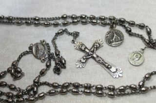 Rare Art Deco Hematite Bead Sterling Silver Religious Rosary - 15 Decades - 37 "