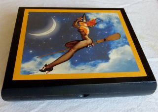 Black Wooden Cigar Box,  Man Cave Item,  Vintage Images Of Halloween Witch Pinups