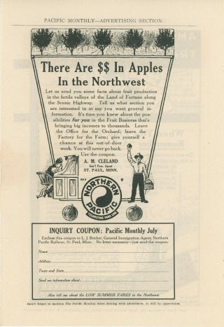 1911 Northern Pacific Railway Ad Money In Apples Fruit Orchard Land Of Fortune