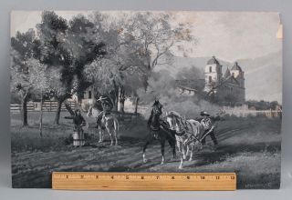 Antique 1887 Santa Barbara California Mission Farming Horses Gouache Painting