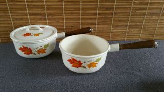Descoware Cast Iron Enamel (2) Saucepans Pots White Maple Leaf 18 With (1) Lid