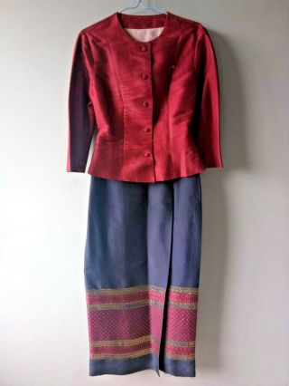 Garnet Red Blouse Navy Blue Skirt Thai Silk Crew Uniform For Inflight Service
