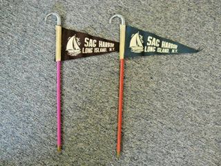 2 Sag Harbor Long Island Ny Souvenir Felt Pennants On Long Pencil Canes 50s
