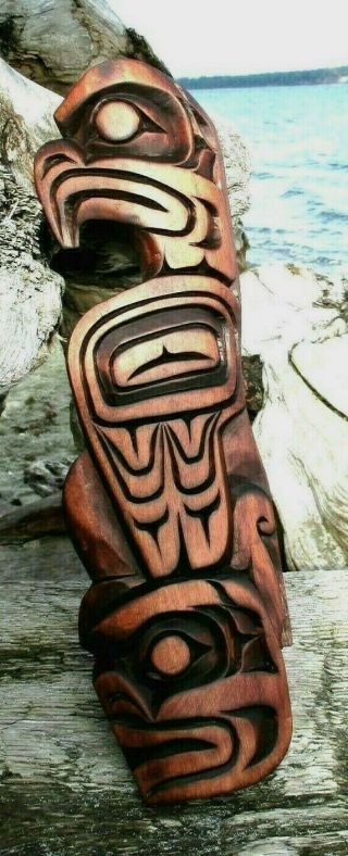 Northwest Coast First Nations Native Wooden Art,  Carved Eagle And Serpent Signed