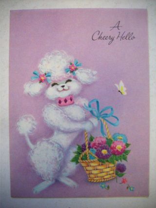White Poodle With Basket Of Flowers Get Well Vintage Greeting Card 3a