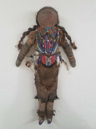 Old Native American Plains Indian Doll Cloth & Leather Beads Fur 18 - Inches Tall