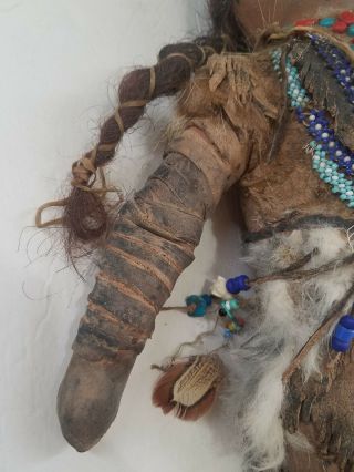 Old Native American Plains Indian Doll Cloth & Leather Beads Fur 18 - inches Tall 4