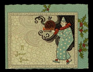 Victorian Christmas Greetings Card Clown Carrying Plum Pudding Art Nouveau Style