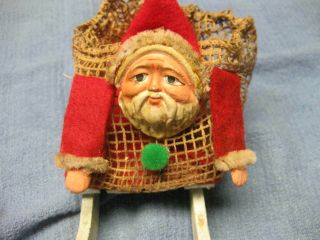 Antique Paper Mache Face Hands Santa On Sled Candy Container Holder / Net Bag