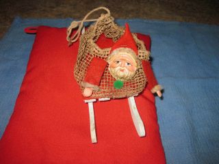 ANTIQUE PAPER MACHE FACE HANDS SANTA ON SLED CANDY CONTAINER HOLDER / NET BAG 2