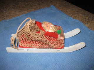 ANTIQUE PAPER MACHE FACE HANDS SANTA ON SLED CANDY CONTAINER HOLDER / NET BAG 3