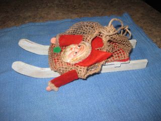 ANTIQUE PAPER MACHE FACE HANDS SANTA ON SLED CANDY CONTAINER HOLDER / NET BAG 4