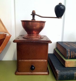 Vtg Hand Mill Coffee Bean Grinder Forged Copper Bowl Wood Wooden Drawer German