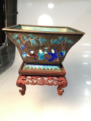 Vintage Asian Chinese Enamel Brass Square Dish With Wood Stand Base Ornate