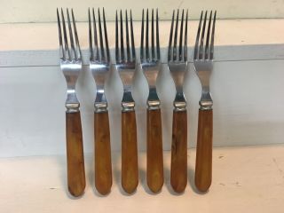 Vintage Bakelite Amber Butterscotch Stainless Forks Set Of Six 6,  Federal