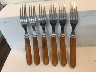 Vintage Bakelite Amber Butterscotch Stainless Forks Set Of Six 6,  Federal 4