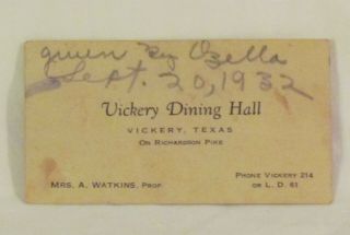 Vintage Vickery Dining Hall Dallas Texas Business Card