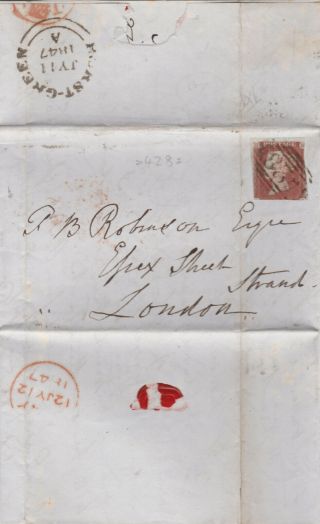 1847 Qv Hurst Green Letter With A 1d Penny Red Imperf Stamp (trimmed)