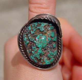 Old Pawn Navajo Silver Ring With Turquoise Size 12 3/4 - 13