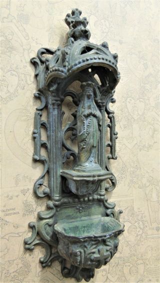 Antique French Holy Water Font Stoop Christian Virgin Mary Madonna Gothic Style