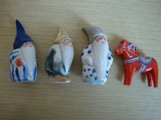 3 Ceramic Tiny Nisse Tomte Gnomes Handmade In Sweden,  Wooden Dala Horse