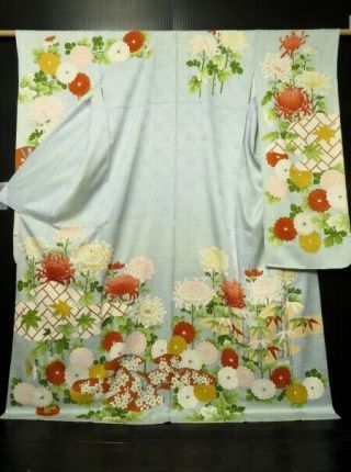 0523n01z1190 Vintage Japanese Kimono Silk Furisode Light Blue Chrysanthemum