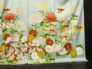 0523N01z1190 Vintage Japanese Kimono Silk FURISODE Light blue Chrysanthemum 3