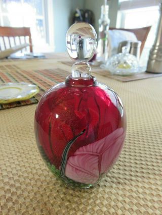 Satara Red Perfume Bottle Hand Blown Art Glass Pink Flower Gold Flecks W/stopper