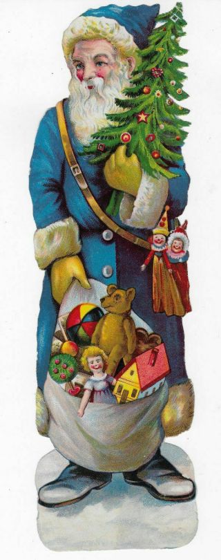 Antique Victorian Blue Santa Claus Christmas Die Cut Scrap Oblaten,  9.  5 " 24cm
