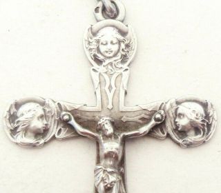 Exquisite Art Nouveau Angel Heads Decors Antique Silver Cross Crucifix Pendant
