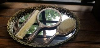 Vintage 4 Piece Vanity Set Brush Mirror Comb Silver Plated And Tray