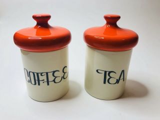 Vintage Mid Century Modern Ceramic Tea Coffee Canister Set Orange Lids
