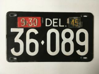 1945 Delaware License Plate Porcelain Wwii Black Tag Decal Year Tab All