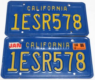 1986 California License Plate Pair Yom Dmv Clear For Use On Your Car 1esr578