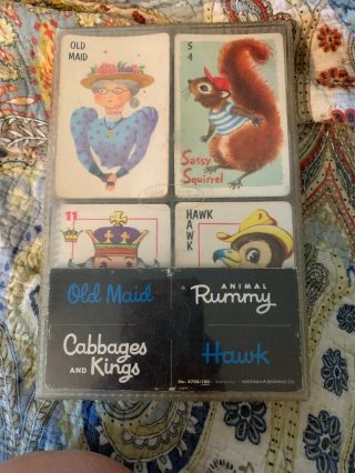 1960’s Whitman Playing Cards Hawk Old Maid Circus Animal Rummy Cabbages & Kings