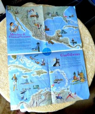 Vintage Illustrated Map From Pan Am Routes Americas Mexico Caribbean 1960 
