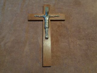 Vintage Antique German Made Wood Crucifix Silver Tone Metal Jesus On Cross Rare