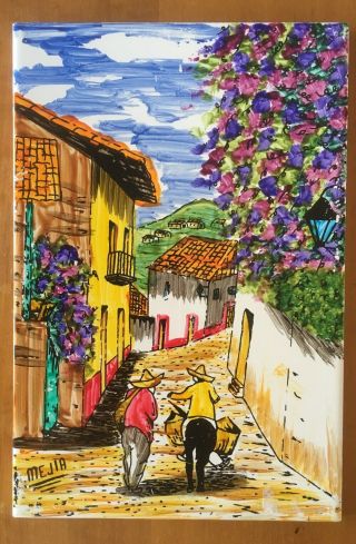 Hanging Mexican Pottery Folk Art Tile Village Scene Hand Painted Signed Mejia
