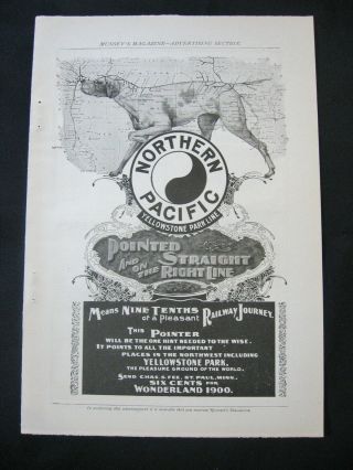 Vtg 1900 Northern Pacific Railroad Print Ad Pointer Dog,  Map Art,  Yellowstone Park
