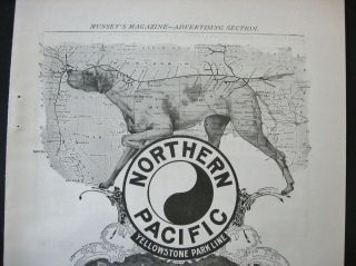 Vtg 1900 NORTHERN PACIFIC RAILROAD Print Ad Pointer Dog,  Map Art,  Yellowstone Park 2