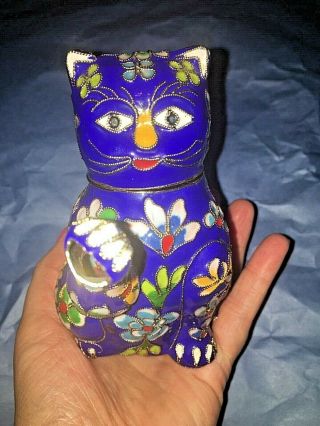 Chinese Cloisonne Cat Tea Pot Waiving Paw,  Blue Base Multicolor Oriental Vintage