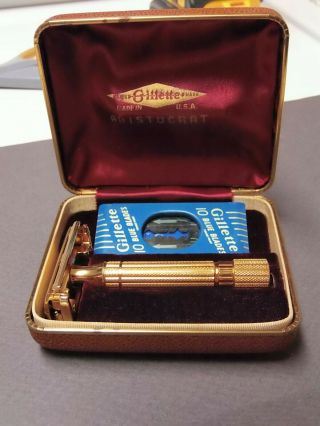 Gillette Gold Aristocrat Vintage Safety Razor,  In Brown Case (no Date Code)