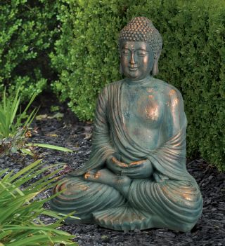 16  H Garden Decor Buddha Statue Copper Patina Finish,  Heavy