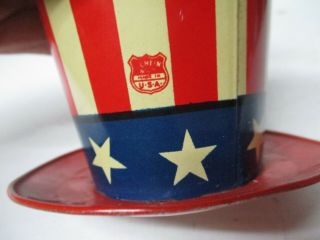 Vintage 4th Of July Tin Litho Uncle Sam Hat Bank w Key - Chein 3