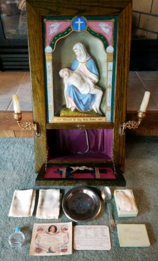 Antique Catholic Last Rites Shadow Box Pieta Viaticum Complete W/accessories