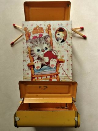 Vintage Jasco Metal Tin Match Box Wall Hanging Holder,  Kitty Knitting,  With Mice