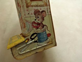 Vintage Jasco Metal Tin Match Box Wall Hanging Holder,  Kitty Knitting,  with Mice 5